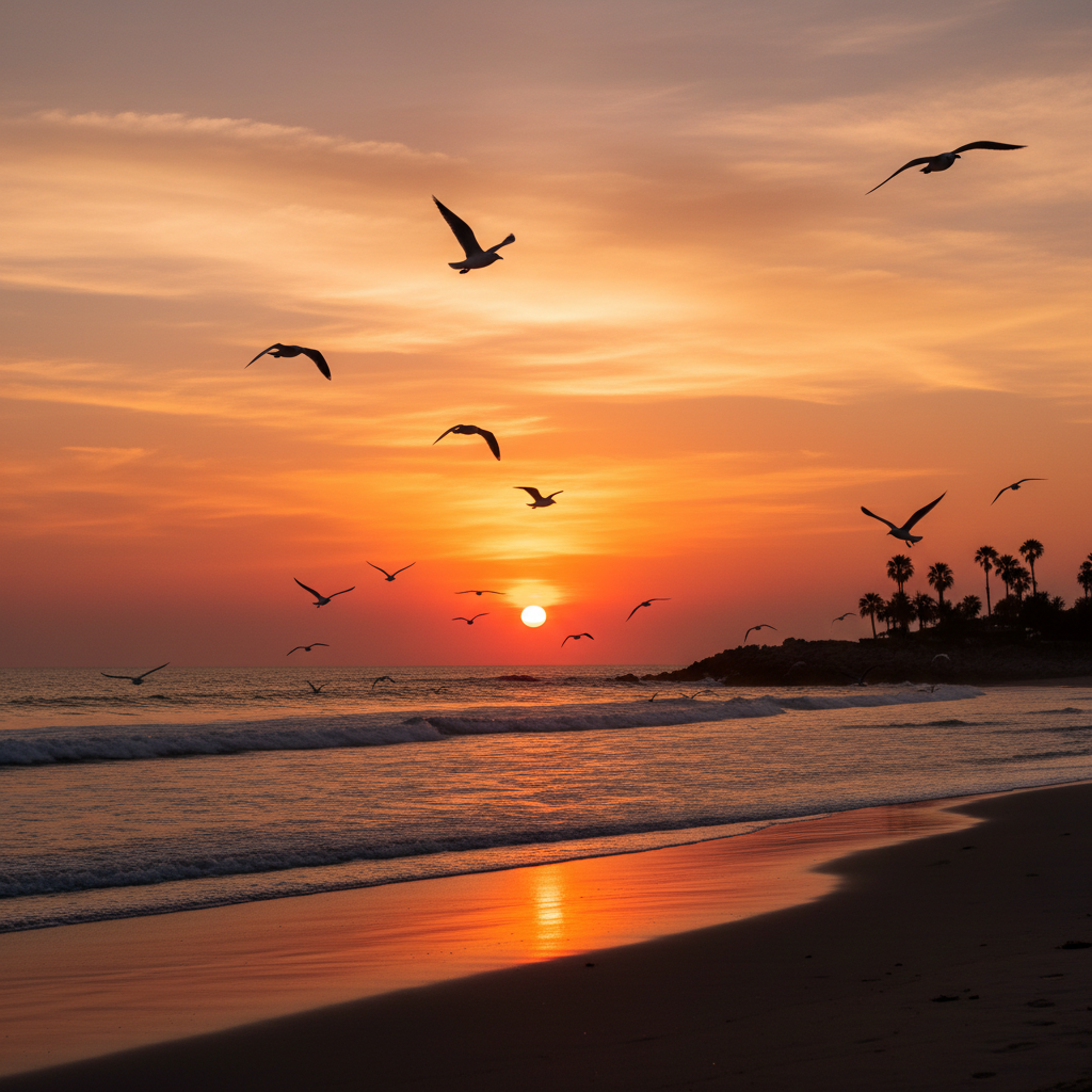 Un atardecer en la orilla de la playa con un solo anaranjado de fondo y varias gaviotas surcando el cielo.
